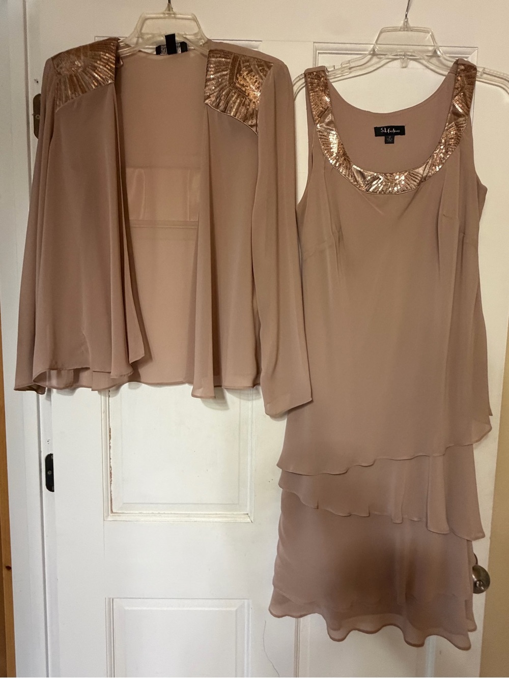 S.L. Fashions Taupe Sequin-Embellished Dress with Jacket